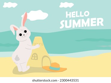 Rabbit builds a sand castle. Hello summer card with bunny. Vector illustration