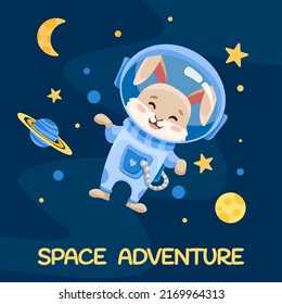 Rabbit or Bunny Astronaut in space suit for birthday party flyer, kids print texture and baby shower. Cute animal with planets moon stars in open space. Vector Cartoon illustration
