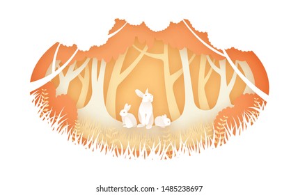 Rabbit or Bunny in the autumn forest paper cut or origami style.