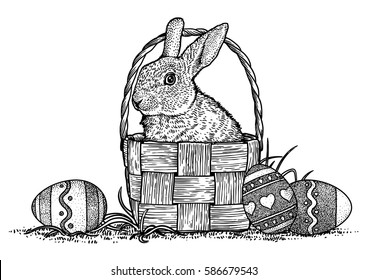 Rabbit, bunny, basket, eggs, easter illustration, drawing, engraving, line art, vector