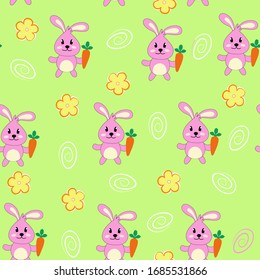 Rabbit, bunny, carrot, flowers, hand-drawn colored background. Colorful background with animals. Decorative cute wallpaper. Endless texture for your design, greeting cards, announcements, posters, tex