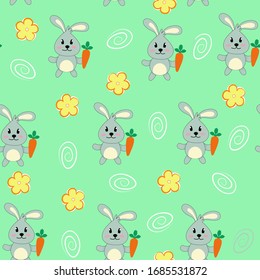 Rabbit, bunny, carrot, flowers, hand-drawn colored background. Colorful background with animals. Decorative cute wallpaper. Endless texture for your design, greeting cards, announcements, posters, tex