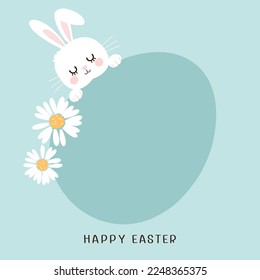 Rabbit bunny cartoon, daisy flower and Easter egg sign on green mint background vector illustration.