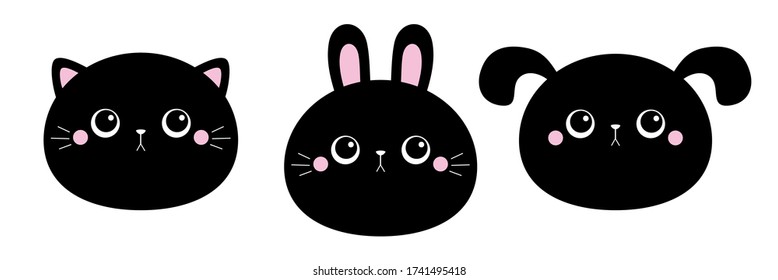 Rabbit, bunny, cat, kitty kitten, dog face head set. Black silhouette. Cute funny kawaii cartoon character. Baby greeting card template. Notebook cover, tshirt. White background. Flat design. Vector