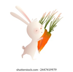 Rabbit bunny character carry or hug carrots, cooking or farming animal. Vegetarian rabbit farmer loves carrots, cartoon for children. Vector isolated clipart illustration in watercolor style for kids.