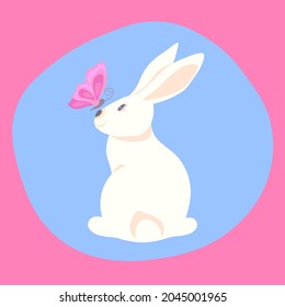 rabbit bunny child drawing fabulous animal white fur pink blue developing card game for children baby kids cartoon easter character single advertising  butterfly kind smile wing 