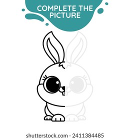 rabbit bunny complete the picture symmetry drawing activity cute outline illustration suitable for coloring books page for children black and white educational preschool activity sheet vector isolated