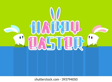 Rabbit Bunny Couple Colorful Happy Easter Holiday Banner Greeting Card Flat Vector Illustration