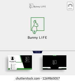 rabbit bunny creative outline logo template with free business card design