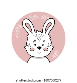 Conejo, conejo. Curiosa pegatina o etiqueta de animales dibujada a mano. Dibujo de dibujos animados. Ilustración vectorial para impresión: tarjeta, pancarta, afiche, ropa de bebé, pegatina, elementos interiores para vivero.