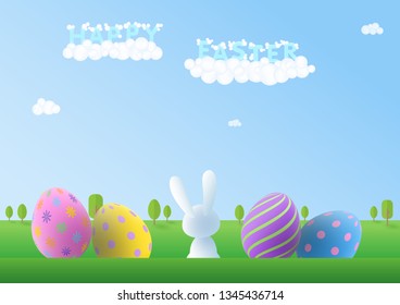Rabbit, bunny, and Easter eggs with spring landscape. Vector illustration with Wide copy space for text, concept for Happy Easter holidays season.