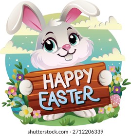 rabbit bunny easter holding happy easter in wooden text