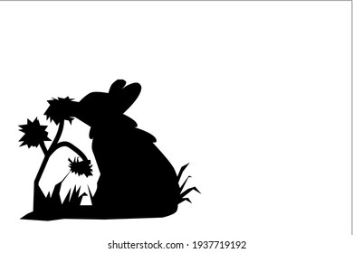 Rabbit Bunny Enjoy Smelling a Flowers Black Shadow Without Color 