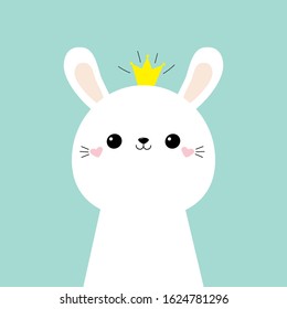 Rabbit bunny face head icon. Kids print for poster, t-shirt. Cute kawaii hare animal. Golden crown. Cartoon funny baby character. Love. Scandinavian style. Flat design. Blue background. Vector