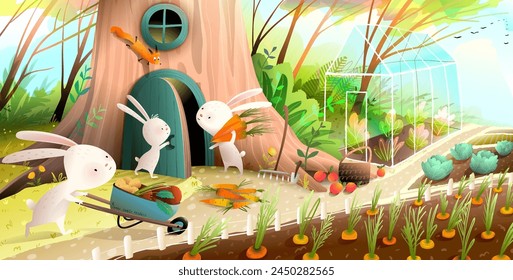 Rabbit or bunny family garden, horticulture and vegetable produce, forest fairytale for children. Animals working at forest farm. Vector illustrated book spread for kids story about rabbits.