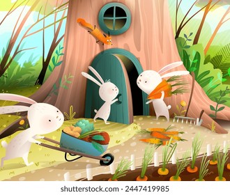 Rabbit or bunny family gardening together, autumn vegetable harvest and produce. Forest animals tree house and garden fairytale for children. Vector book illustration for kids story about rabbits.