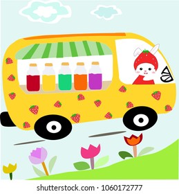 rabbit bunny girl drive  food truck sell fruit juice for children.