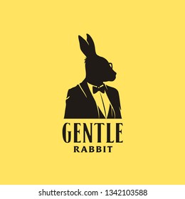 Rabbit Bunny Hare businessman with elegant gentleman tuxedo suit silhouette illustration logo