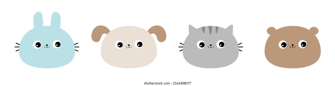 Rabbit bunny hare, cat kitten kitty, bear, dog puppy, face icon set. Kawaii animal. Cute cartoon character. Funny baby. Love card. Flat design. White background. Isolated. 