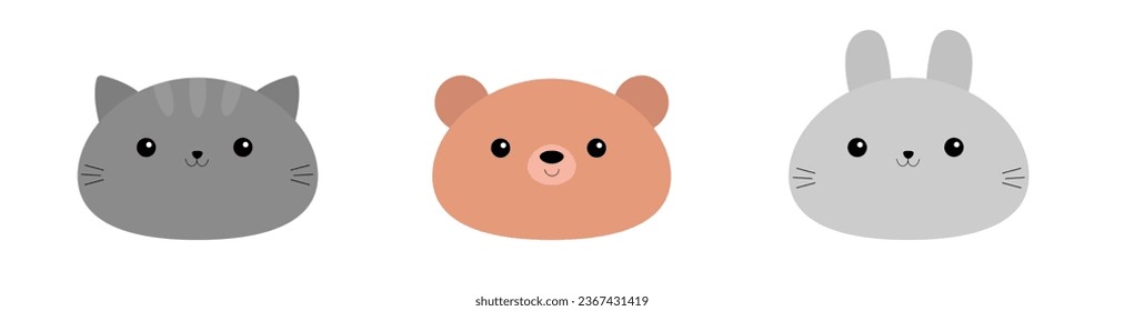 Rabbit bunny hare, cat kitten kitty, bear head face icon set line. Kawaii animal. Cute cartoon character. Funny baby. Love card. Flat design. White background. Isolated. Vector illustration