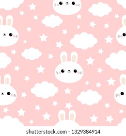 Rabbit bunny hare face. Cloud in the sky. Seamless Pattern. Cute cartoon kawaii funny smiling baby character. Wrapping paper, textile template. Nursery decoration. Pink background. Flat design Vector