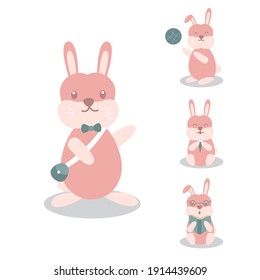 Rabbit Bunny Hare Playing Various Poses Cartoon Character Set