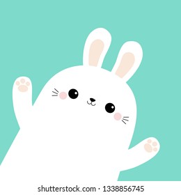 Rabbit bunny head face in the corner. Waving paw print hand. Happy Easter. Cute cartoon kawaii funny baby character. Farm animal. Blue pastel background. Flat design Vector illustration