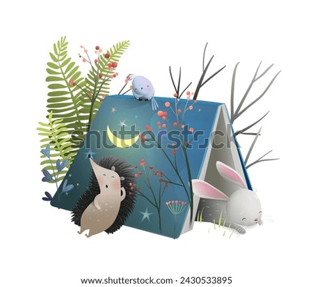 Rabbit bunny hedgehog and bird sleeping after reading a bedtime story book. Cute animal cartoon for children fairytale or story before bed. Vector isolated clip art for kids in watercolor style.