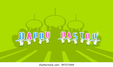 Rabbit Bunny Hold Cake With Candle Happy Easter Holiday Banner Colorful Greeting Card Flat Vector Illustration