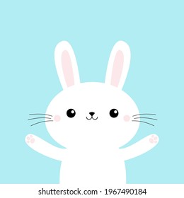 Rabbit Bunny Holding Paw Print Hands Up. Happy Easter. Cute Kawaii Cartoon Funny Baby Character. White Farm Animal. Flat Design. Blue Background. Isolated. Vector Illustration