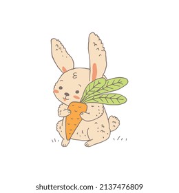 Rabbit or bunny hugging carrot with green leaves, cartoon vector illustration isolated on white background. Childish animal character with concept of spring and Easter holiday.