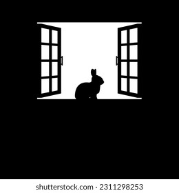 Rabbit or Bunny on the Window Silhouette, for Background, Poster, Art Illustration, or Graphic Design Element. Vector Illustration