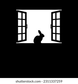 Rabbit or Bunny on the Window Silhouette, for Background, Poster Art Illustration, or Graphic Design Element. Vector Illustration