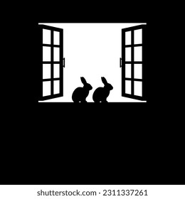 Rabbit or Bunny on the Window Silhouette, for Background, Poster Art Illustration, or Graphic Design Element. Vector Illustration