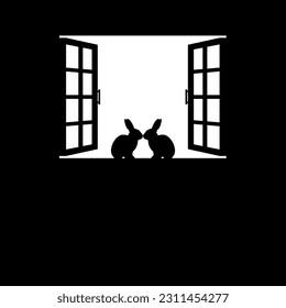 Rabbit or Bunny on the Window Silhouette, for Background, Poster, Art Illustration, or Graphic Design Element. Vector Illustration