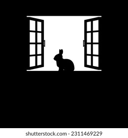 Rabbit or Bunny on the Window Silhouette, for Background, Poster, Art Illustration, or Graphic Design Element. Vector Illustration