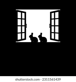 Rabbit or Bunny on the Window Silhouette, for Background, Poster, Art Illustration, or Graphic Design Element. Vector Illustration