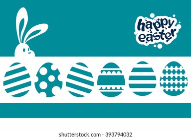 Rabbit Bunny Painted Eggs Happy Easter Holiday Banner Greeting Card Blue Background Flat Vector Illustration