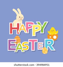 Rabbit Bunny Painted Eggs New Born Chicken Happy Easter Holiday Banner Colorful Greeting Card Flat Vector Illustration