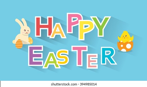 Rabbit Bunny Painted Eggs New Born Chicken Happy Easter Holiday Banner Colorful Greeting Card Flat Vector Illustration