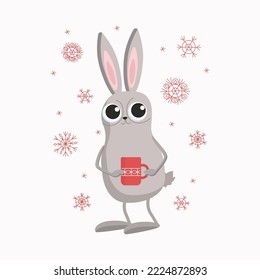 Rabbit, bunny with a red mug. Hot drink. Christmas, New Year. Cute cartoon hare.Symbol of Chinese New Year. Vector graphics, illustration, festive design. The background is isolated.