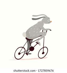 Rabbit or bunny riding bicycle design for kids, nursery design, cycling or racing symbol. Funny and cute animal print for textile, t shirt or cards for children. Vector hand drawn cartoon.