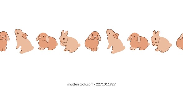 Rabbit bunny seamless border, cute hand drawn baby rabbits in pastel beige color repeat banner. Sweet farm animal decorative frame vector design. Farm animal illustration for cards, invitation.