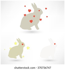 Rabbit bunny silhouette set with hearts and stars,  vector