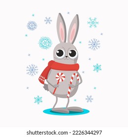 Rabbit, bunny with sweets. Sweets, lollipop. Christmas, New Year. Cute cartoon hare in a red scarf and snowflakes. Symbol of the Chinese New Year. Vector graphics, winter illustration. 