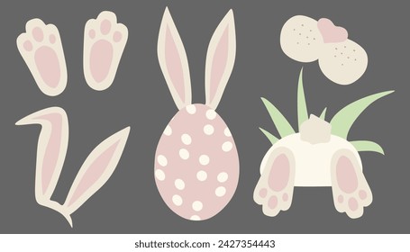 Rabbit or Bunny Vector Easter Set. Cartoon or Flat Isolated Illustration of Paws, Ears, Egg, Bottom with Tail and Cute Muzzle. Design Art for Holiday Greeting Card, Poster, Sticker pack with Pet.