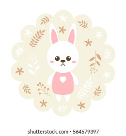 rabbit, bunny. vector illustration cartoon, mascot. funny and lovely design. cute animal on a floral background. little animal in the children's book character style.