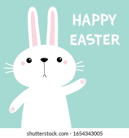 Rabbit bunny waving paw print hand. Happy Easter. Cute cartoon kawaii funny baby character. White farm animal collection. Blue background. Isolated. Flat design Vector illustration