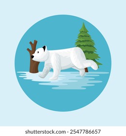 Rabbit Bunny with White Fur in Snowy Landscape Flat Vector