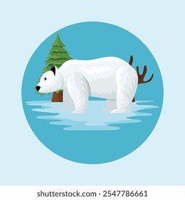 Rabbit Bunny with White Fur in Snowy Landscape Flat Vector
